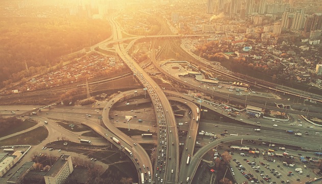Aerial Drone Flight View of freeway heavy traffic Aerial Drone Flight View of freeway heavy traffic