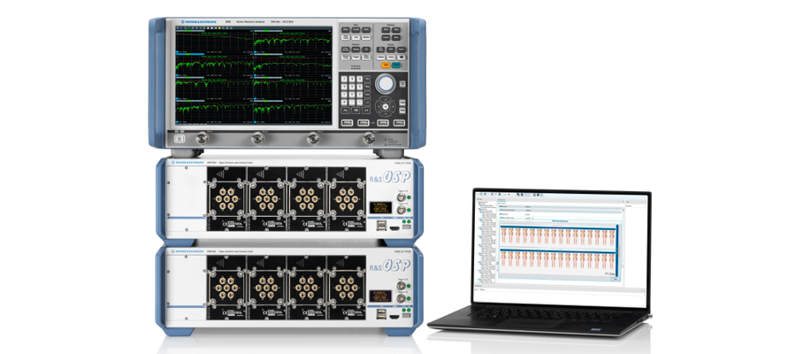 Setup with 32 test ports for automated compliance tests of PCIe 5.0 and 6.0 cables with 4 lane pairs.