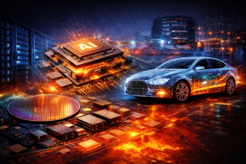 Futuristic electronics landscape with an AI chip, EV, wafer, and data center.